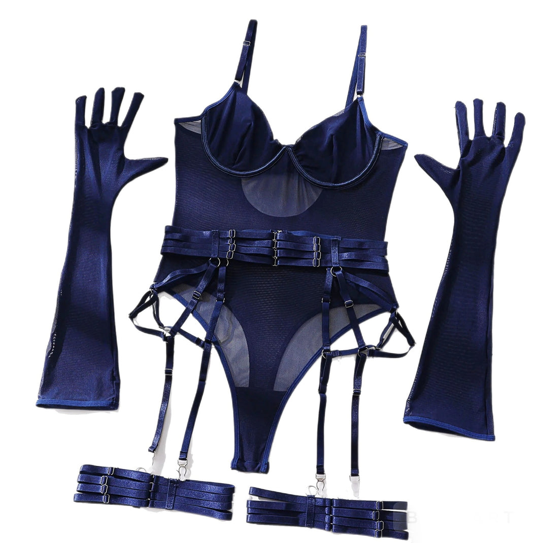 'TAINTED LOVE' GARTER BODYSUIT with GLOVES in NAVY