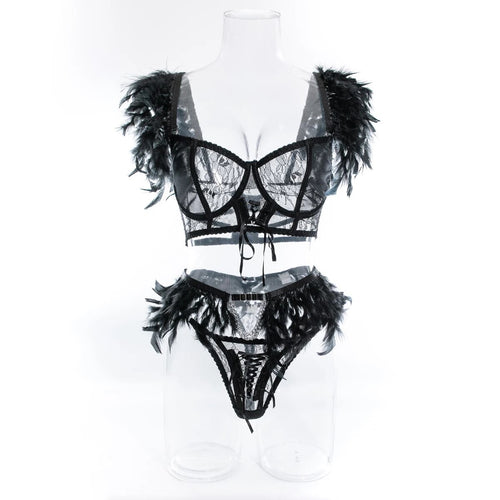 'LOVE PLUS ONE'  CORSET GARTER SET in INK BLACK