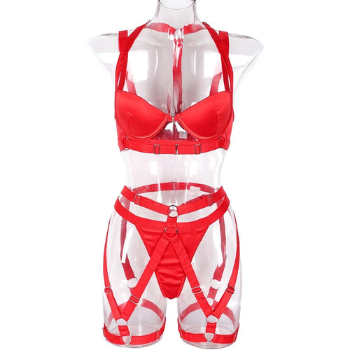 'KISS ME' HARNESS GARTER SET in RED FIRE