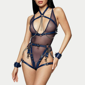 LEATHER LOOK BONDAGE HARNESS & CHAIN TOP in BLUE
