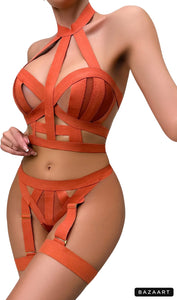 SIGNATURE 4-PIECE BONDAGE GARTER SET in BURNT ORANGE