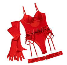 Load image into Gallery viewer, ‘TAINTED LOVE&#39; GARTER BODYSUIT with GLOVES in RED