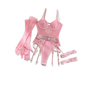 'TAINTED LOVE' GARTER BODYSUIT with GLOVES in PINK SUGAR