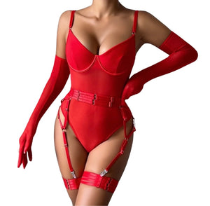 ‘TAINTED LOVE' GARTER BODYSUIT with GLOVES in RED