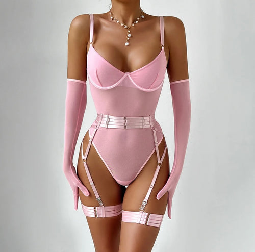 'TAINTED LOVE' GARTER BODYSUIT with GLOVES in PINK SUGAR