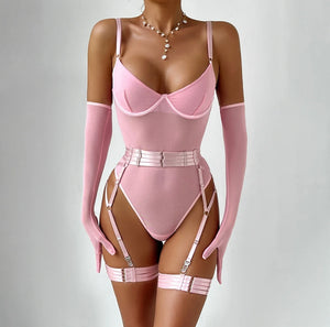 'TAINTED LOVE' GARTER BODYSUIT with GLOVES in PINK SUGAR