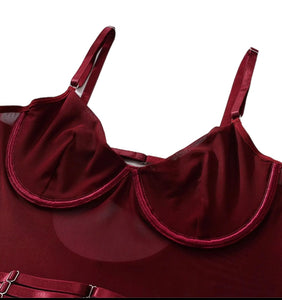 'TAINTED LOVE' GARTER BODYSUIT with GLOVES in WINE