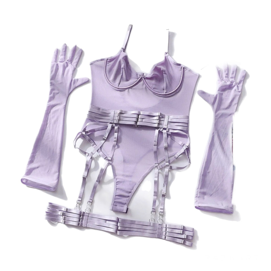 'TAINTED LOVE' GARTER BODYSUIT with GLOVES in PALE PURPLE