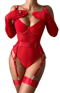‘TAINTED LOVE' GARTER BODYSUIT with GLOVES in HOT RED