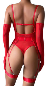 ‘TAINTED LOVE' GARTER BODYSUIT with GLOVES in HOT RED