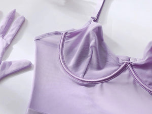 'TAINTED LOVE' GARTER BODYSUIT with GLOVES in PALE PURPLE