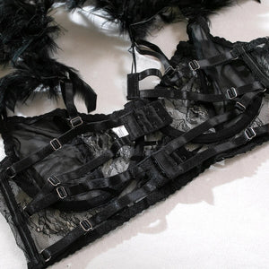 'LOVE PLUS ONE'  CORSET GARTER SET in INK BLACK