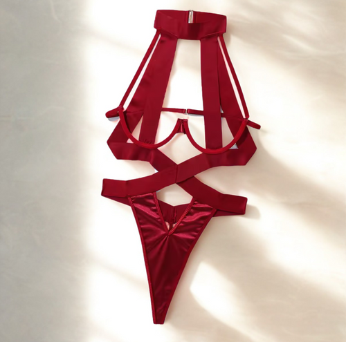 'READY OR NOT' BONDAGE BODYSUIT/OVERSUIT in WINE RED