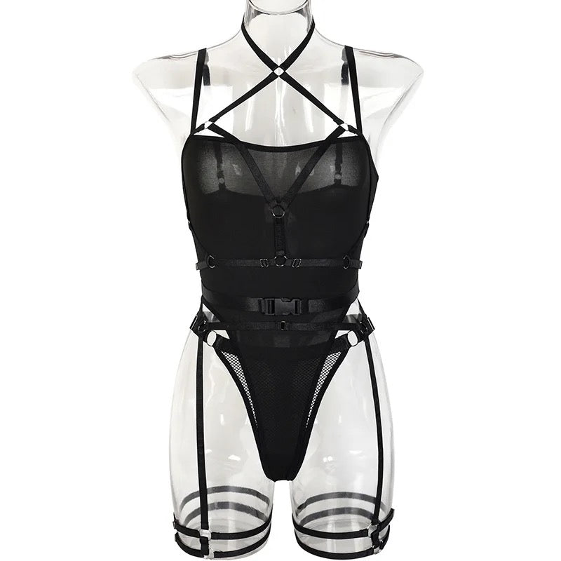 'BACK TO BLACK' BODYSUIT with HARNESS & GARTERS