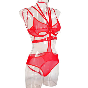 'PEEK-A-BOO' BONDAGE BODYSUIT in RED MESH