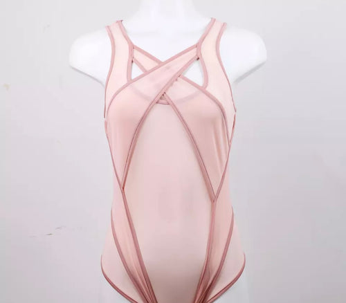 'SEE YOU AGAIN' SHEER CROSSOVER BONDAGE BODYSUIT in SOFT PINK