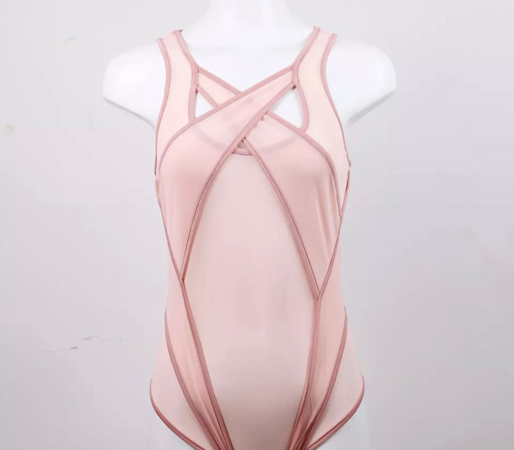 'SEE YOU AGAIN' SHEER CROSSOVER BONDAGE BODYSUIT in SOFT PINK