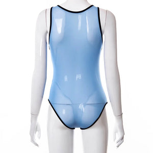 'SEE YOU AGAIN' SHEER CROSSOVER BONDAGE BODYSUIT in TWO-TONE BLUE