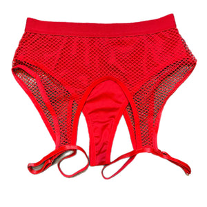 SIREN RED POLE SHORTS WITH MESH GARTER OVERLAY