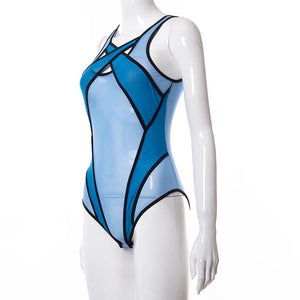 'SEE YOU AGAIN' SHEER CROSSOVER BONDAGE BODYSUIT in TWO-TONE BLUE