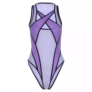 'SEE YOU AGAIN' SHEER CROSSOVER BONDAGE BODYSUIT in TWO-TONE PURPLE